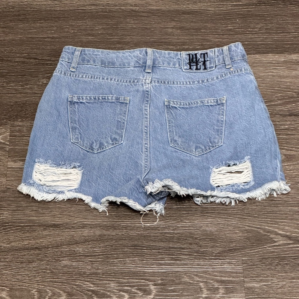 High Waisted Denim Distressed Jean Shorts - Picture 2 of 2
